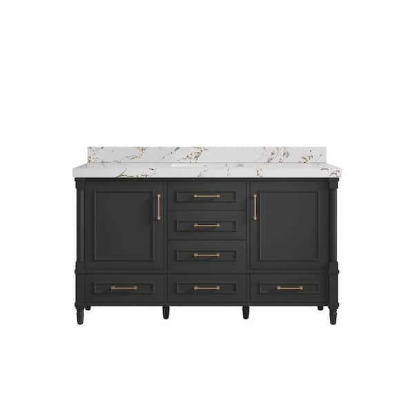 Willow Collections Hudson 60 in. Single Sink Freestanding Black Top Bath Vanity with Viola Brown Quartz Top Unassembled