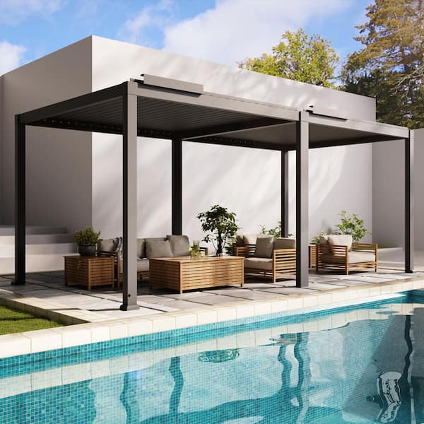 10 ft. x 20 ft. Gray Aluminum Louvered Pergola with LED Lights, Remote Control and Solar Rain Sensor