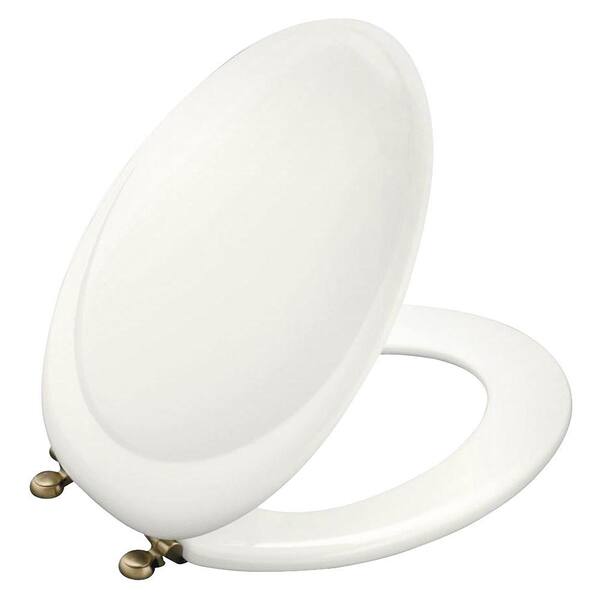 KOHLER Revival Elongated Closed-front Toilet Seat with Vibrant Brushed Bronze Hinge in White-DISCONTINUED