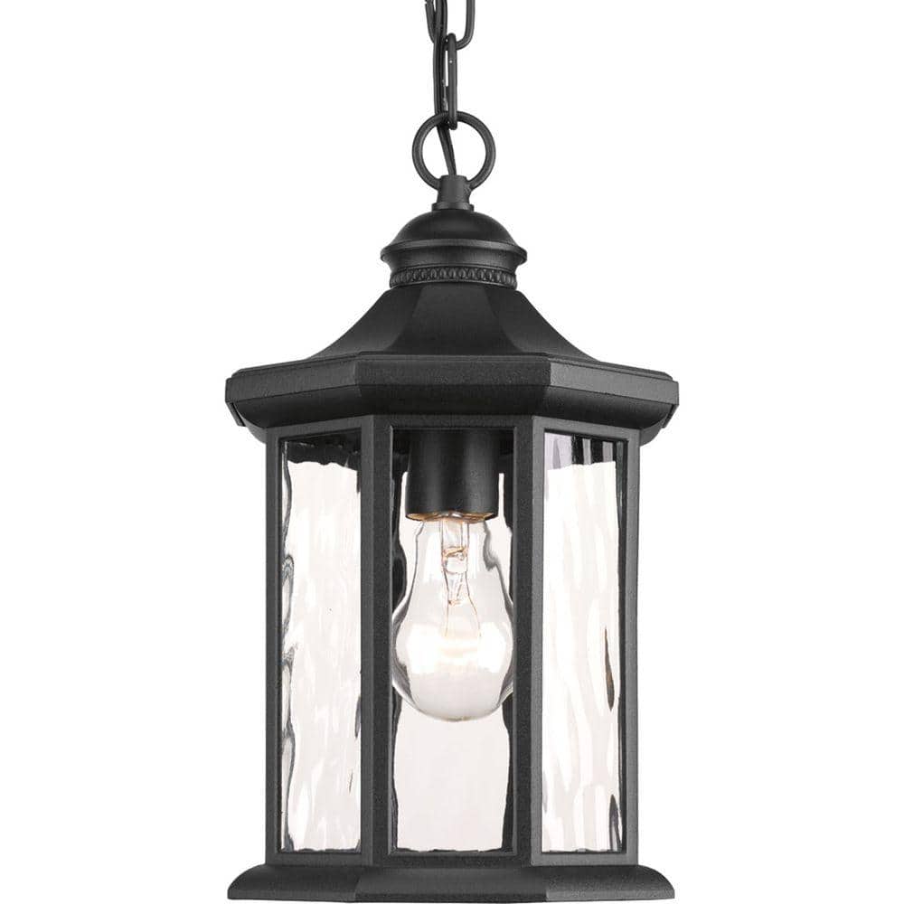 Textured Black Traditional Frosted Glass Lantern Pendant Light