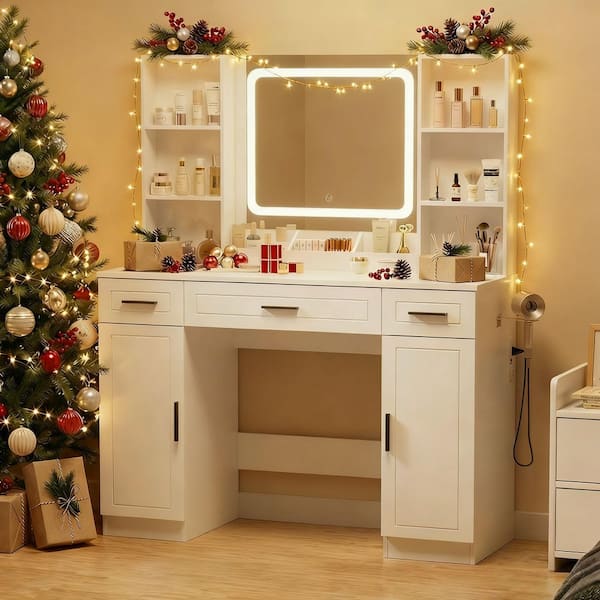 3-Drawers White Makeup Vanity Desk with LED Lighted Mirror, Power Strip, 2-Cabinets and 6-Tier Storage Shelves