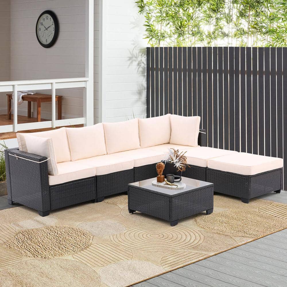 Tenleaf 7-Piece Black Wicker Patio Conversation Set with Beige ...