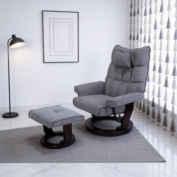 Coralyn Gray Chenille Fabric Swivel Recliner Chair with Ottoman, 8-Point Massage, Wood Base and Adjustable Backrest