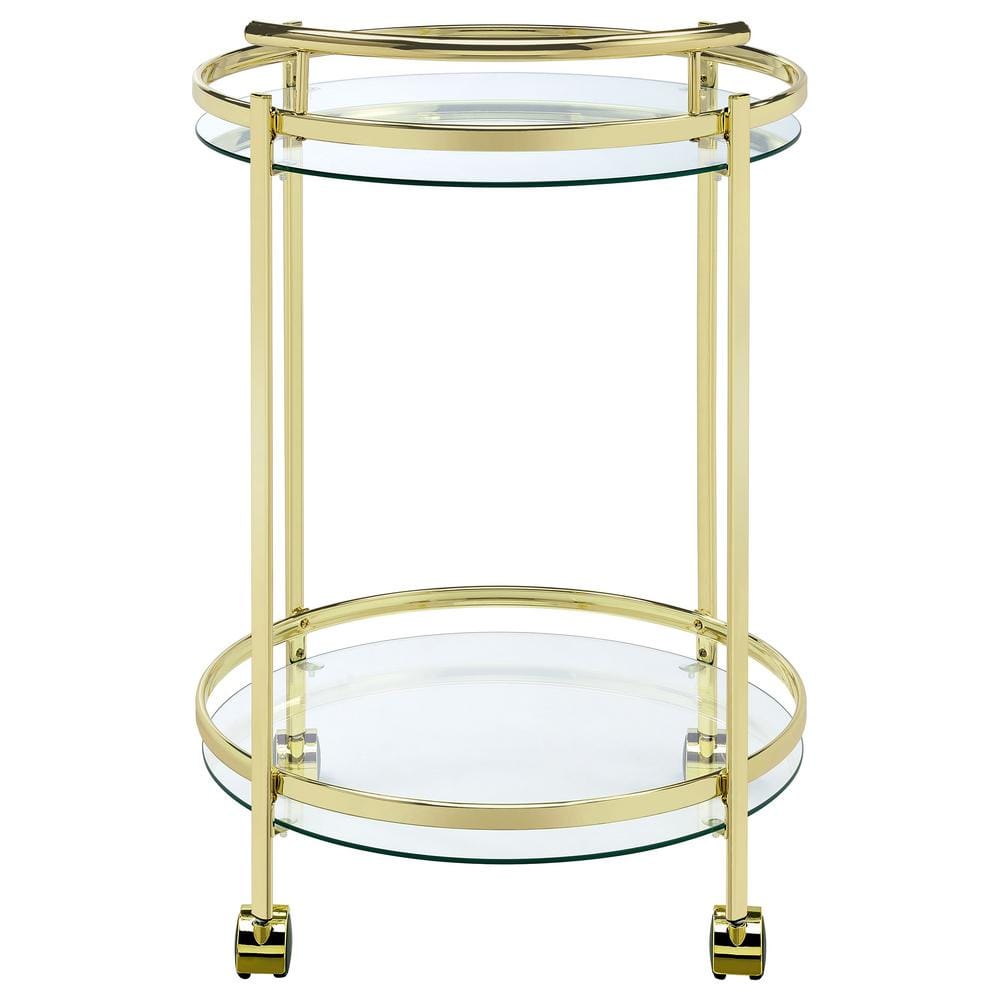 Luxe Modern 31" Gold Metal and Glass Round Bar Cart with Lockable Casters