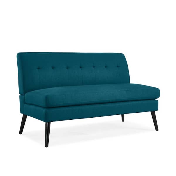 Handy Living Werner 55.1 in. Peacock Blue Linen-like Fabric with Dark Espresso Legs 2 Seat Mid Century Modern Armless Loveseat