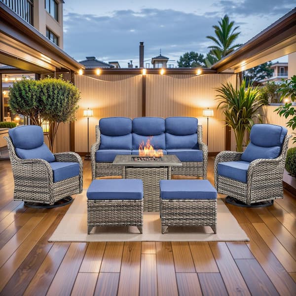 MoonLuxe Gray Wicker Fire Pit Conversation Set with Blue Olefin 6 in. Thick Cushions Patio Swivel Chairs (6-Piece)
