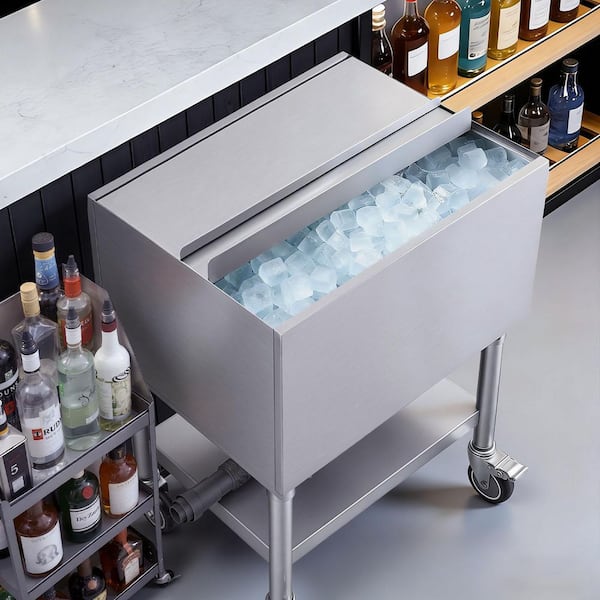 NSF Stainless Steel Commercial Ice Bin Cart 65.1 qt. w/ Sliding Lid Bottle Holder 24x19x35 in. Freestanding Single Bowel