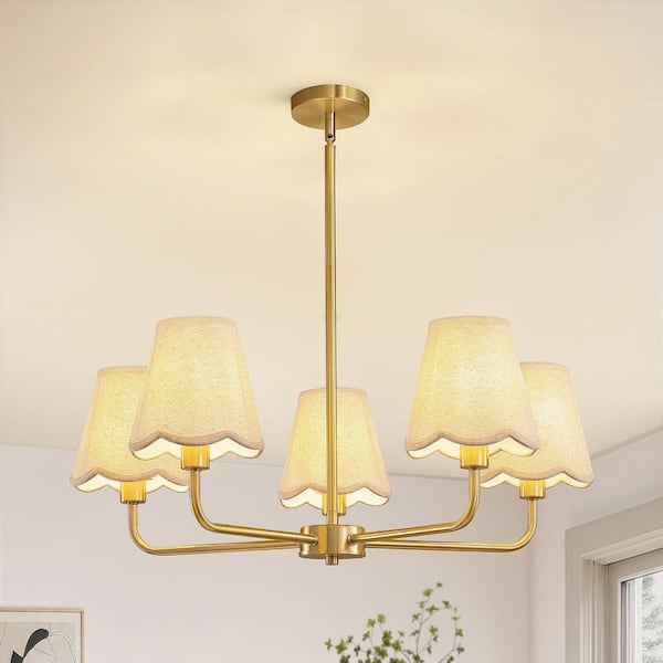 5 Light Farmhouse Gold Rustic Round Hanging Chandelier For Kitchen Island With White Linen Shades, No Bulbs Included