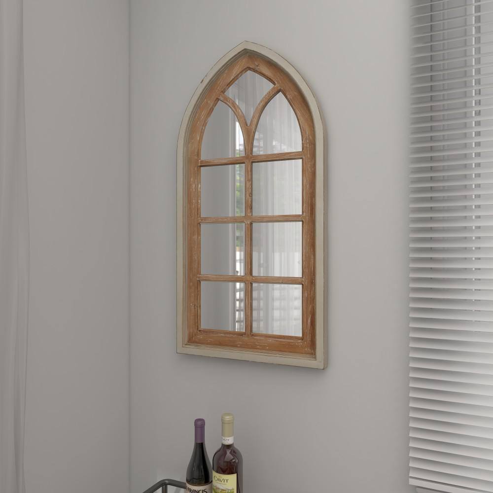 Brown Distressed Wood Arched Window Pane Wall Mirror