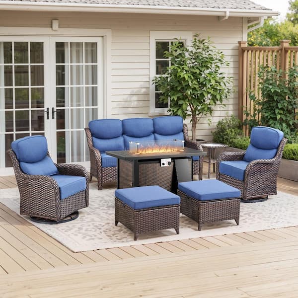 MoonLuxe Brown Wicker Fire Pit Conversation Set with Blue Olefin 6 In. Thick Cushions Patio Swivel Chairs (7-Piece)