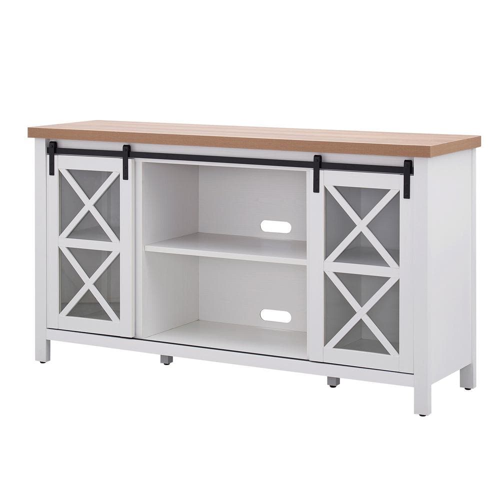 Clementine 58" White and Golden Oak Modern Farmhouse TV Stand