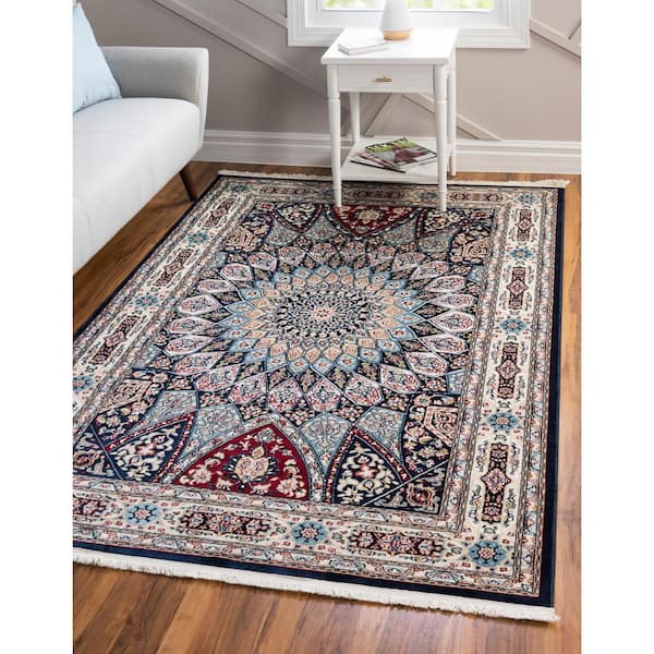 Narenj Collection Area Rug - Adams (7 ft. 10 in. x 10 ft. Rectangle Navy Blue/Beige)