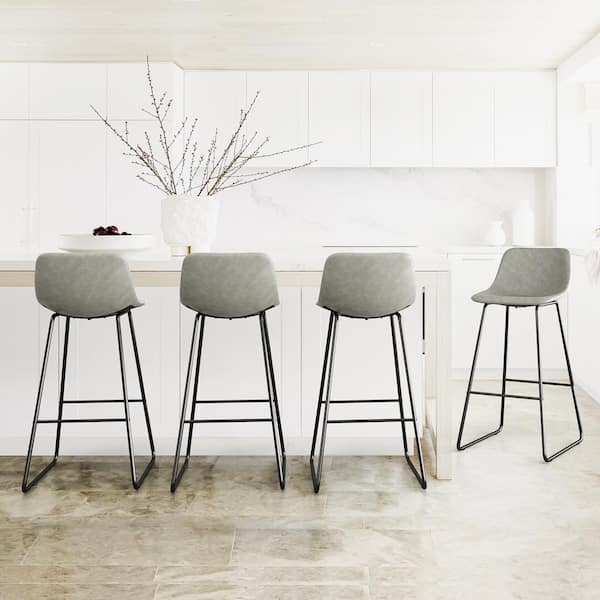 LUE BONA 33.5 in. Gray Faux Leather Bar Stools Metal Frame Counter