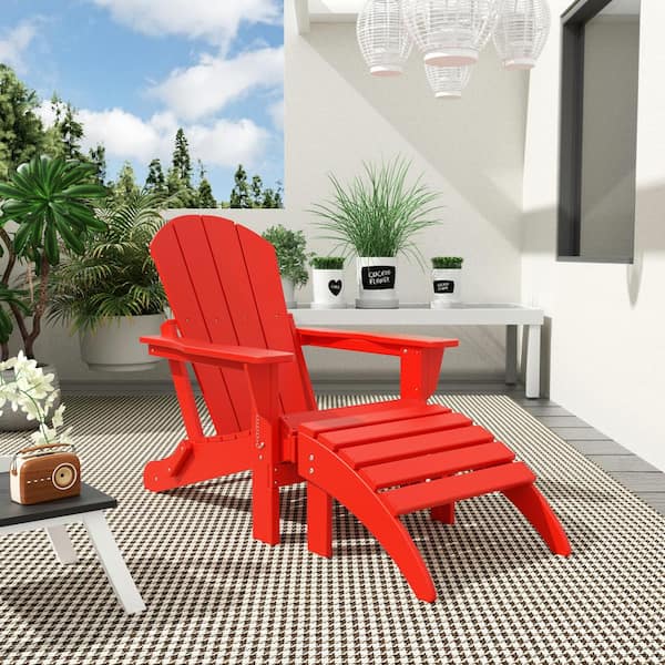Laguna Outdoor Patio Traditional HDPE Plastic Folding Adirondack Chair with Footrest Ottoman in Red