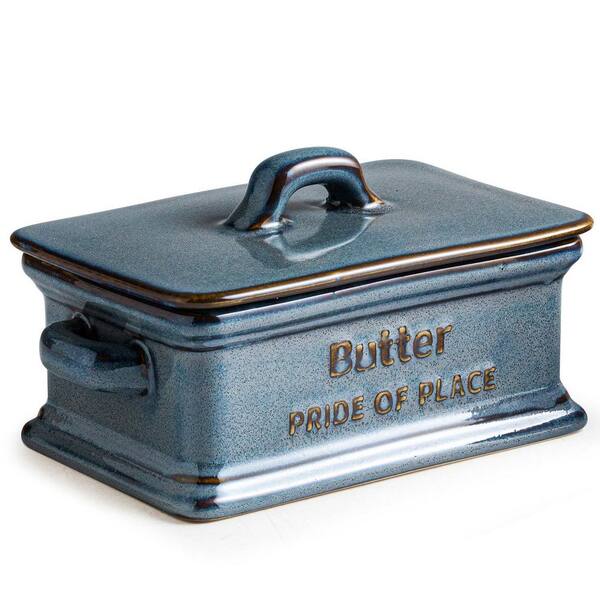 Blue Ceramic Butter Dish with Lid and Dual Handles, Rectangular Butter Keeper for Countertop and Table