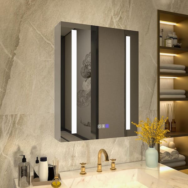 20 in. W x 26 in. H Rectangular Silver Aluminum Recessed/Surface Mount Medicine Cabinet with Mirror LED(Left Open)
