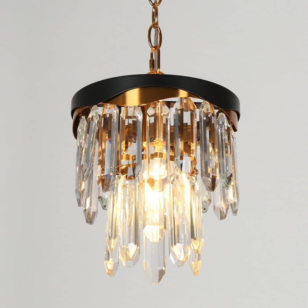 1-Light Matte Black and Plated Brass Tiered Crystal Chandelier, Modern Glam Pendant Light for Foyer Kitchen Living Room price history on PriceWatchPro