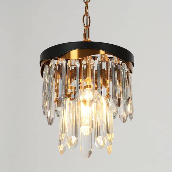 LNC 1-Light Matte Black and Plated Brass Tiered Crystal Chandelier, Modern Glam Pendant Light for Foyer Kitchen Living Room