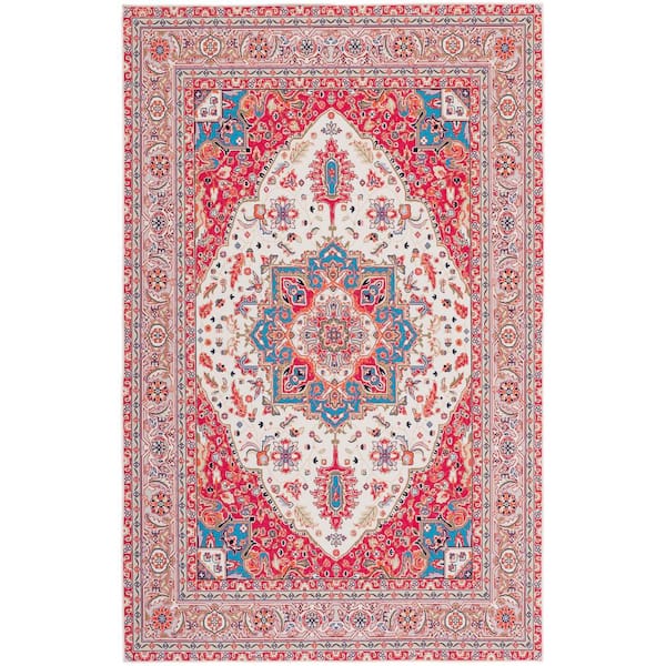 SAFAVIEH Tuscon Red/Beige 8 ft. x 10 ft. Machine Washable Medallion Floral Area Rug