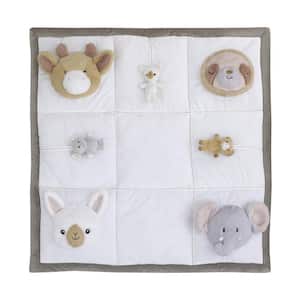 Playful Pals White, Tan, and Gray 3D Animals With Crinkle Plush Tummy Time Play Mat
