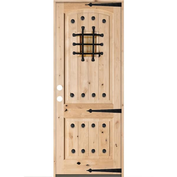 Krosswood Doors 32 in. x 96 in. Mediterranean Knotty Alder Arch Top Unfinished Wood Right-Hand Inswing Single Prehung Front Door
