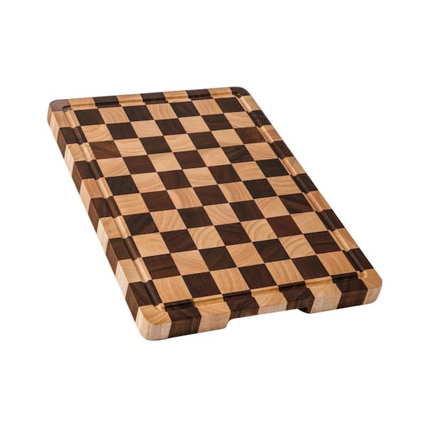 Acacia Wood Cutting Board 14 in. x 11 in. Rectangular End Grain Butcher Block with Checkered Design, Juice Grooves