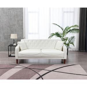Modern 77.95 in. W Square Arms PU Leather Straight Sofa Bed Couch of 3-Seaters and 2 Throw Pillows, Tufted Back in Ivory