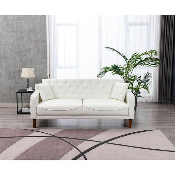 Westsky Modern 77.95 in. W Square Arms PU Leather Straight Sofa Bed Couch of 3-Seaters and 2 Throw Pillows, Tufted Back in Ivory