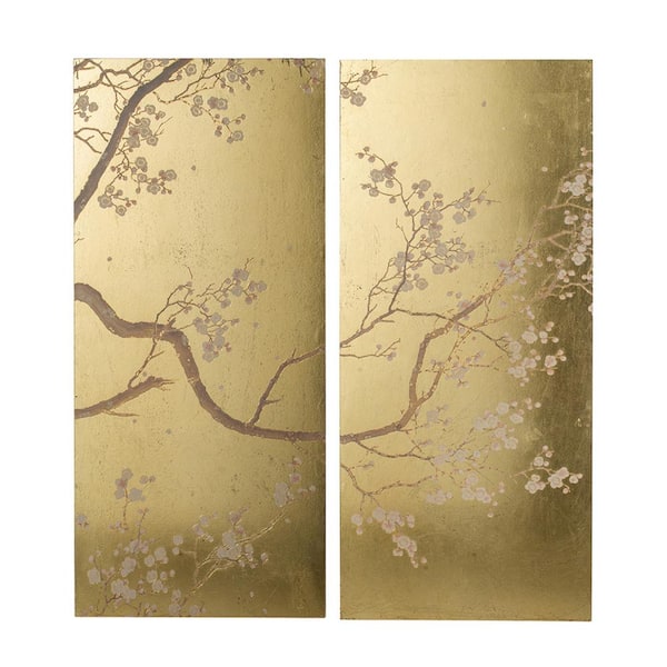 Benjara Gold, Brown and Gray Wooden Framed Tall Divided Floral Design Wall Art (Set of 2)