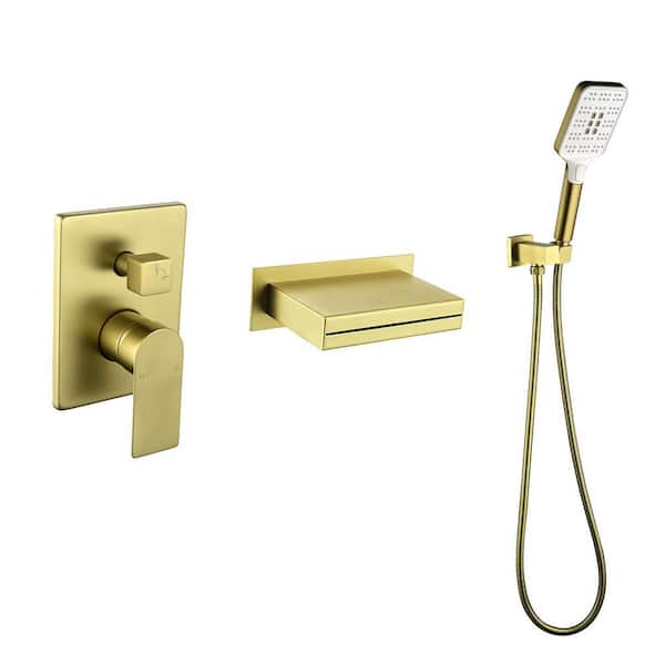 Vara Single-Handle Wall Mount Roman Tub Faucet with 3-Spray Hand Shower and 7.09 in. W Waterfall Spout in Brushed Gold