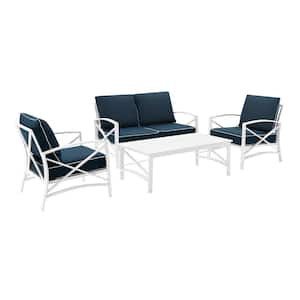 Kaplan White 4-Piece Metal Patio Seating Set with Navy Cushions