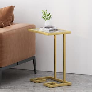 Hickson 18 in. Gold 24.5 in. C-Shaped Glass End Table 1-Piece
