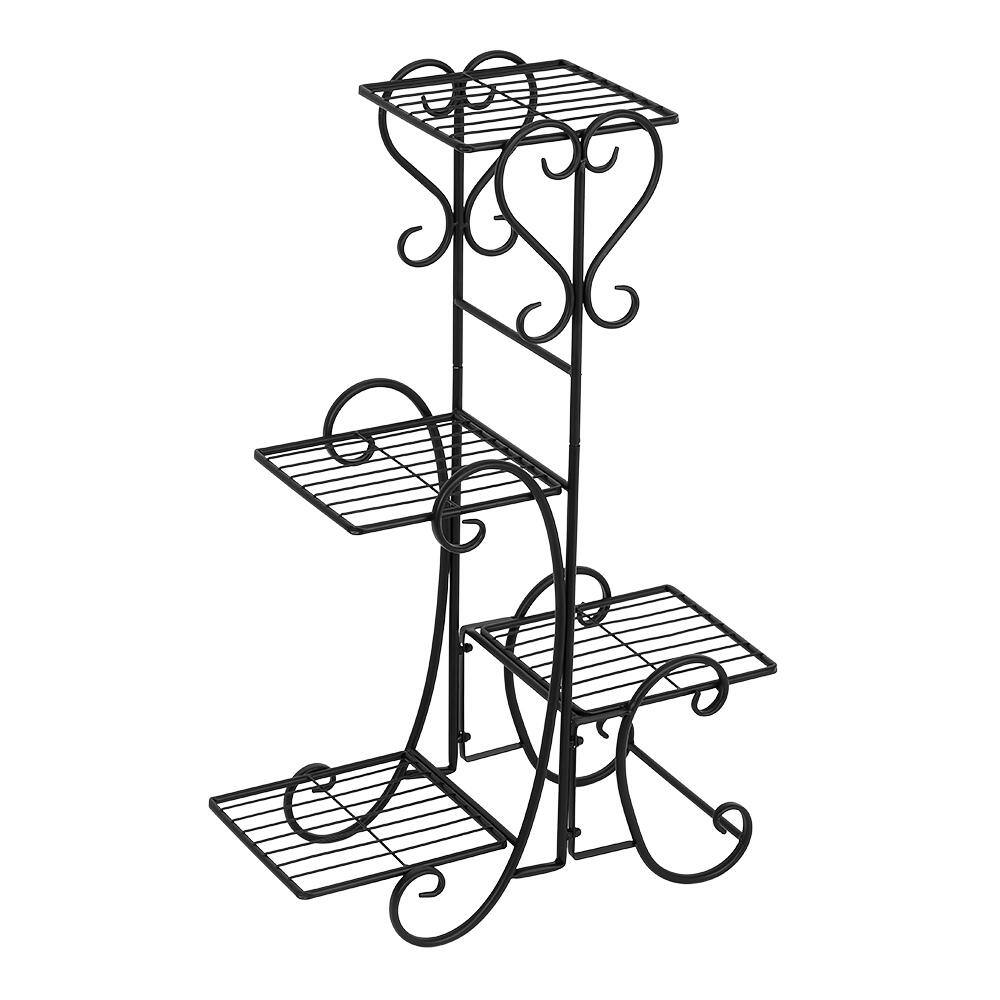 Black Metal 4-Potted Square Flower Plant Stand for Indoor Outdoor