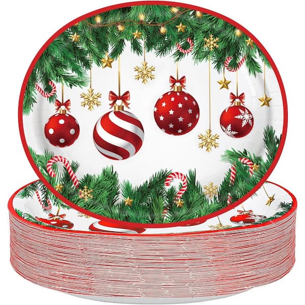 10 in. x 12 in. Red Christmas Paper Platters, Large Xmas Dinner Serving Platters for Holiday Party Supplies (50-Pack)