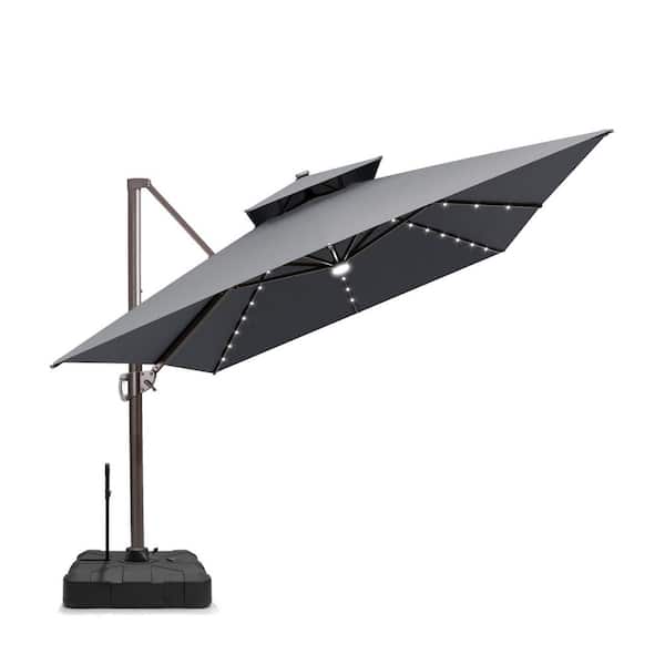 2-Tier 13 ft. Heavy 360° Swivel Solar LED Lighted Cantilever Patio Umbrella in Gray, 3D Surface Wheels and Pull Rod Base