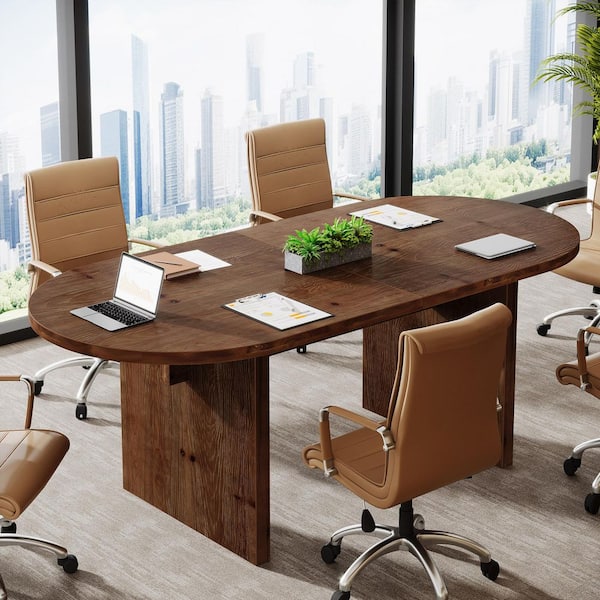 63"L x 31.5"W Dark Brown Solid Wood Computer Desk Conference Table, Oval Meeting Seminar Table for 4-6 People
