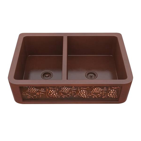 ANZZI Teller Farmhouse Handmade Copper 33 in. 40/60 Double Bowl Kitchen Sink with Grape Vine Design in Polished Antique Copper