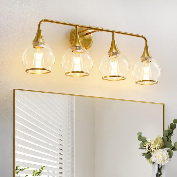 KAISITE 30 in. 4-Light Gold Bathroom Vanity Light with Clear Globe Glass Shades