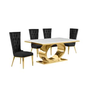 Ibraim 5-Piece Rectangle White Marble Top Gold Stainless Steel Base Dining Set 4 Black Velvet Fabric Chair
