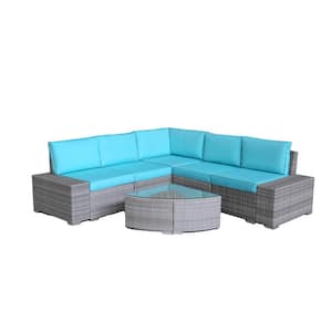 6-Piece Wicker Patio Conversation Sectional Seating Set with Blue Cushions