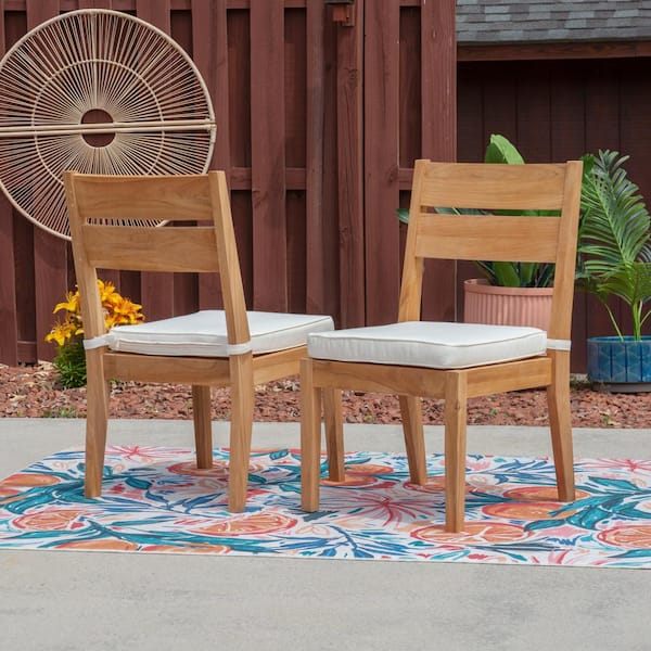 Sunnydaze Set of 2 Slat-Back Dining Chairs - Natural with Beige Cushions