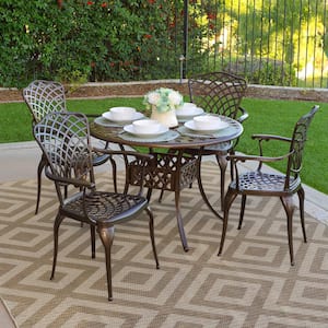 5-Piece Cast Aluminum Outdoor Patio Dining Table Set with a Lattice Weave Design in Bronze