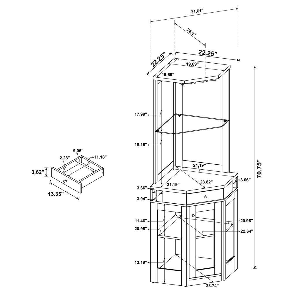 Rustic Oak Corner Bar Cabinet with Mirrored Back and Glass Shelf