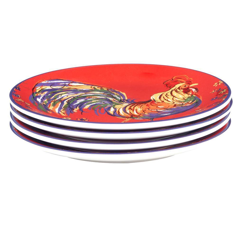 Vibrant Red Ceramic Rooster 9" Salad/Dessert Plates Set