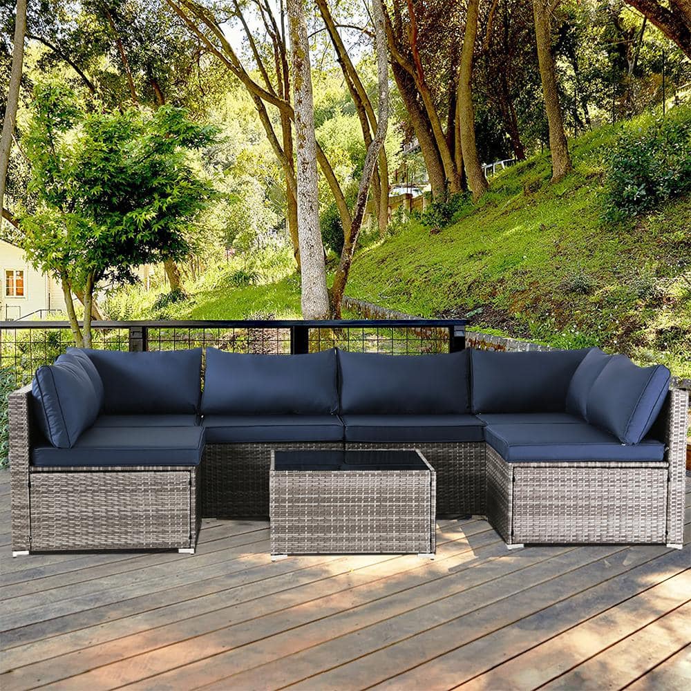 7-Piece Grey Wicker Outdoor Sectional Set, Rattan Outdoor Patio Set with Bl