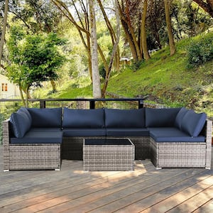 7-Piece Grey Wicker Outdoor Sectional Set, Rattan Outdoor Patio Set with Blue Cushions, Tea Table