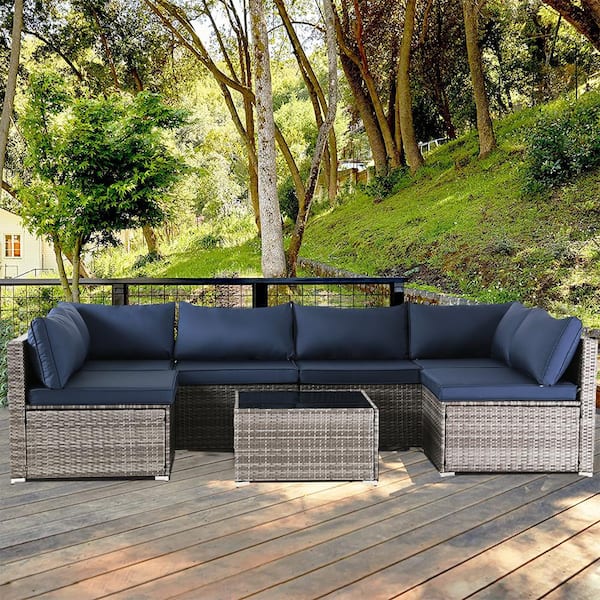 7-Piece Grey Wicker Outdoor Sectional Set, Rattan Outdoor Patio Set ...