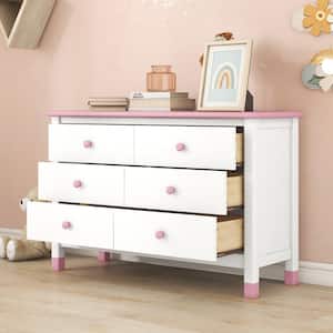 47 in. W x 17 in. D x 30 in. H White and Pink Linen Cabinet Storage Dresser with 6-Drawers Storage Cabinet