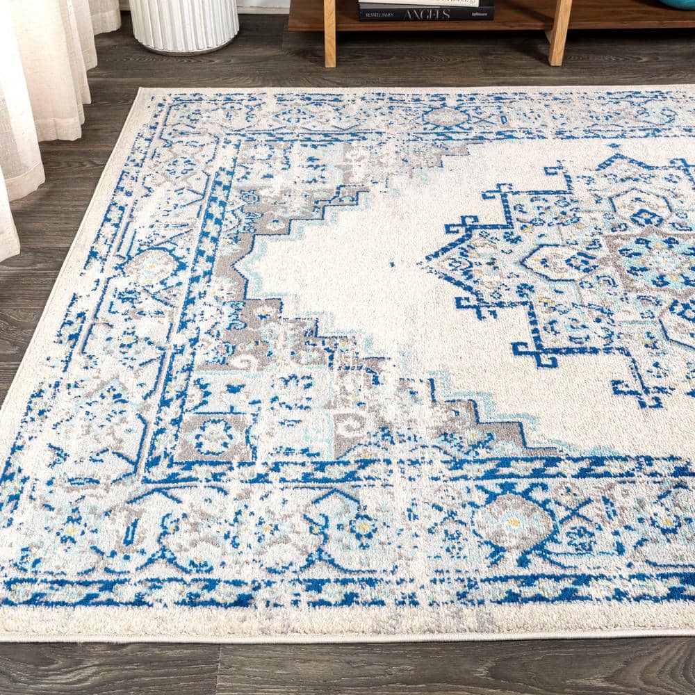 Reversible Medallion Blue and Ivory Synthetic Area Rug - 5x8 Feet