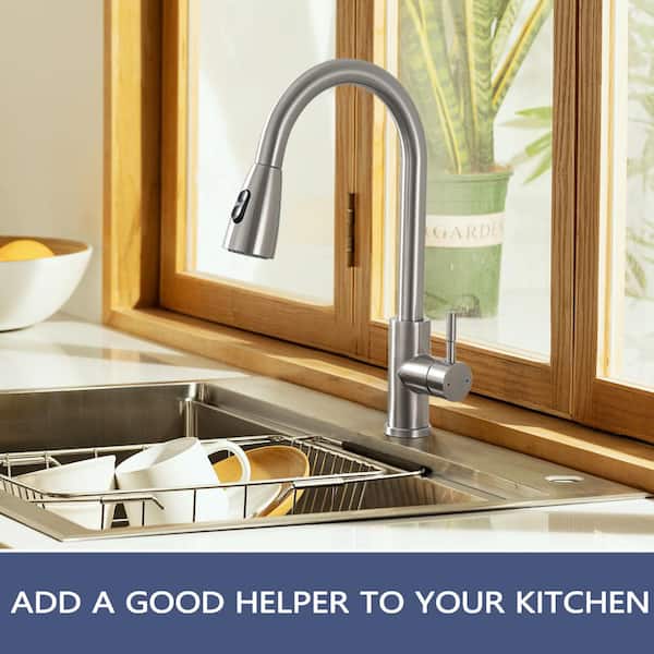 15.67 in. Stainless Steel Single Handle 360 ° Spout Swive Pull Down Sprayer Kitchen Faucet in Brushed Nickel